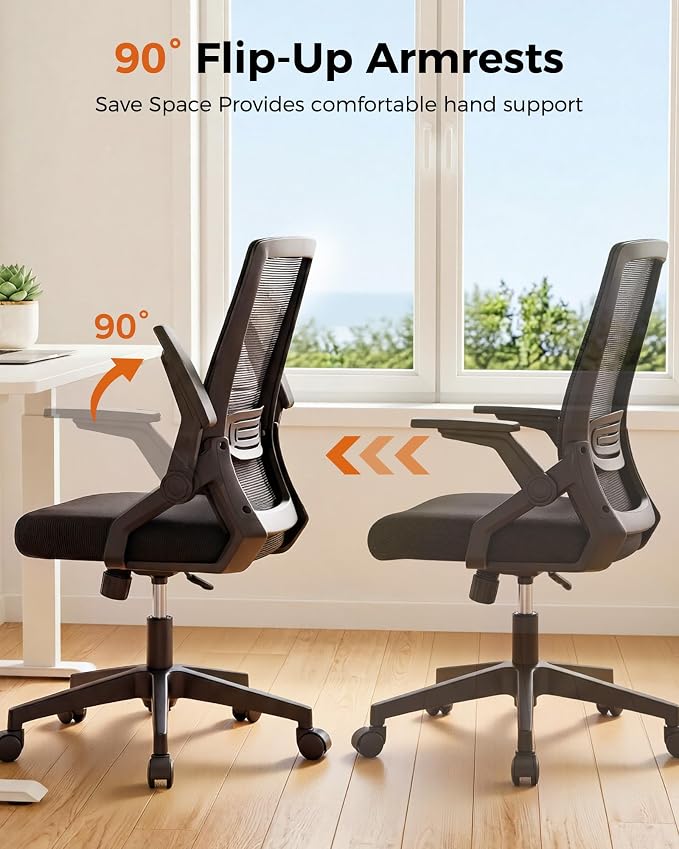 GTPLAYER Ergonomic Office Chair with Flip-up Armrests Executive Computer Chair for Home Office, Breathable Mesh & Comfy Lumbar Support, Black