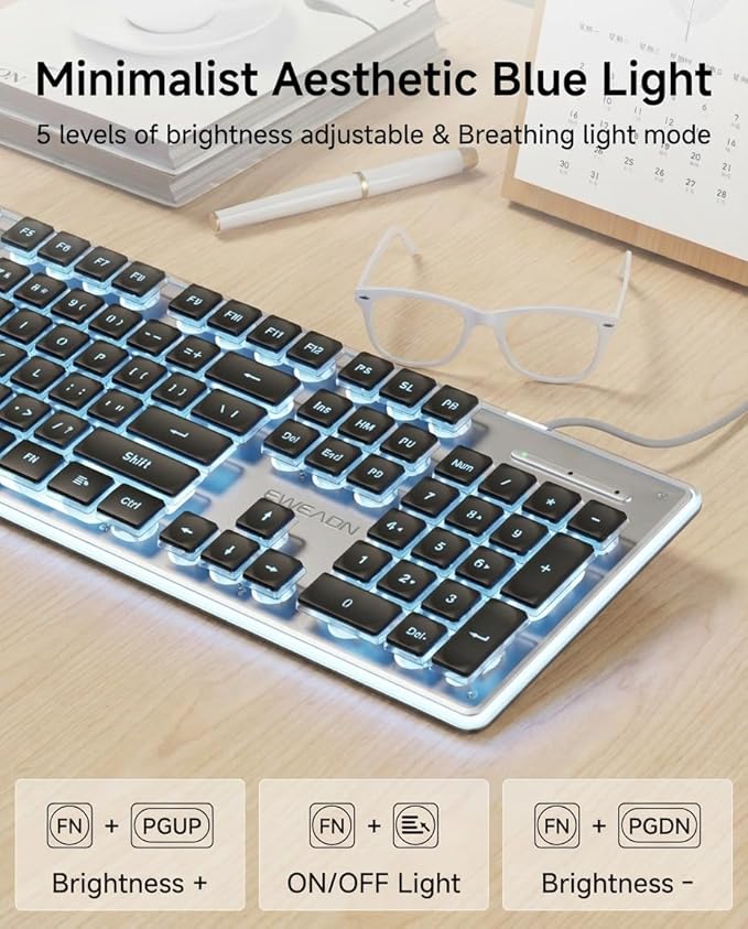 EWEADN GX710S Backlit Computer Keyboards, Wired USB Keyboard with Blue Backlit, Metal Panel, Plug and Play, Pudding Keycaps Full Size Quite Computer Keyboard for Win/PC/Laptop-Black
