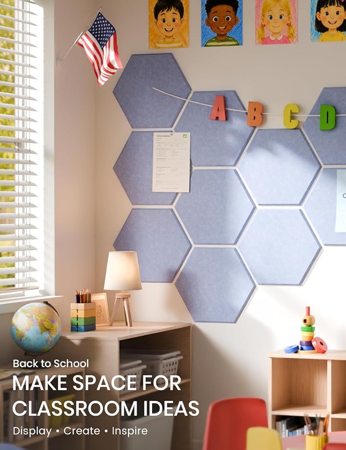 Fluxynara 8-Pack Hexagon Felt Bulletin Board Tiles, Soft Periwinkle-1 | Cork Board Alternative with 50 Adhesive Tabs for Notes, Photos and Reminders in Home Offices, Dorm and Classrooms