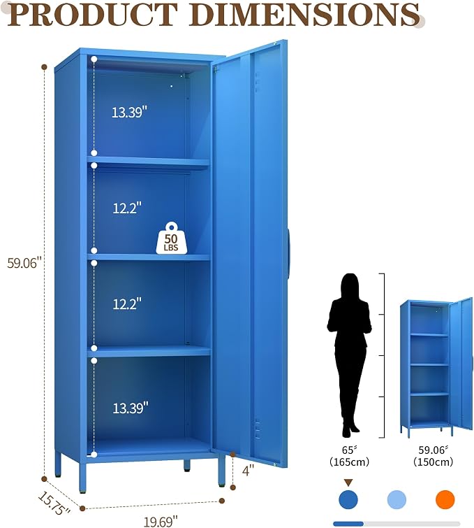 Metal Locker Storage Cabinets 59.06"H Navy Blue Locking File Cabinets Kitchen Food Pantry Cabinet with 2 Doors and Shelves for Dining Room, Living Room,Bathroom Office,Home,Garage, Gym, School