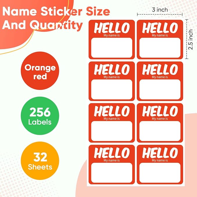 256 Pcs Name Tags Sticker 3"x2.5" Hello My Name is Stickers, Orange-red Name Labels Adhesive Identification Name Badges for School, Office, Meeting, Family Parties, Mailing