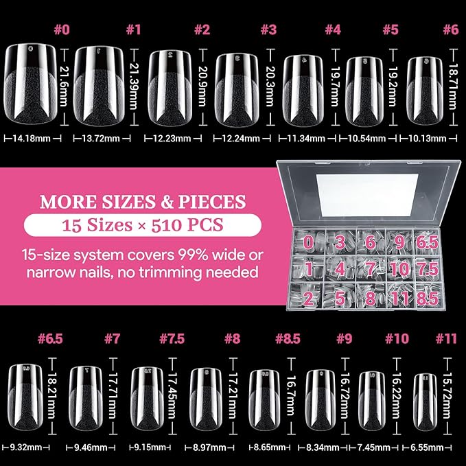 Short Square False Nail Tips, 15 Sizes 510 PCS Clear French Press On Fake Nail Soft Pre-shaped Half Matte Full Cover Gel Nail Tips Extensions Thick Long Lasting for DIY Beginners & Salon Manicure