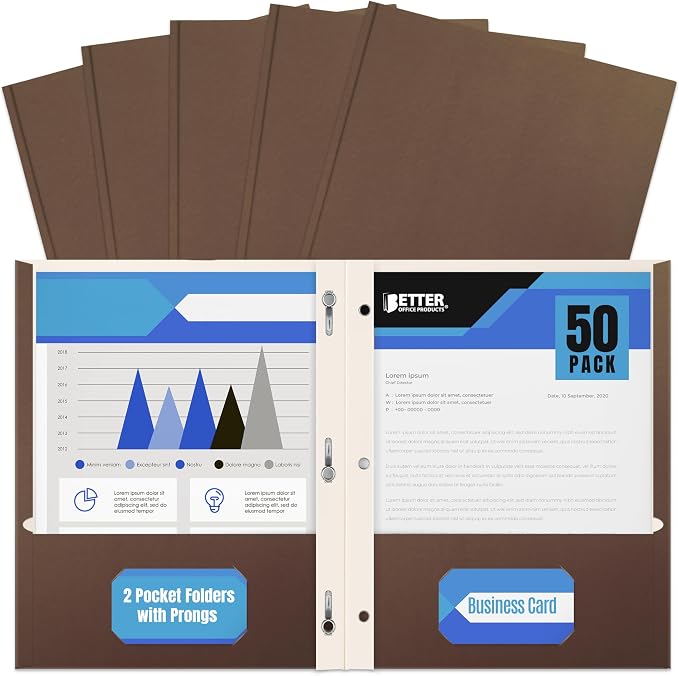 Better Office Products Brown Paper 2 Pocket Folders with Prongs, Matte Texture, Letter Size Paper Folders, 50 Pack, with 3 Metal Prong Fastener Clips, Brown