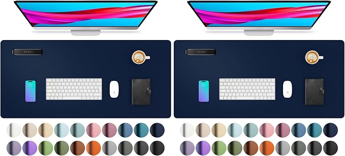 Aothia Leather Desk Pad Protector, Mouse Pad, Office Desk Mat, Non-Slip PU Leather Desk Blotter, Laptop Desk Pad, Waterproof Desk Writing Pad for Office and Home(Dark Blue,31.5" x 15.7") (Pack of 2)