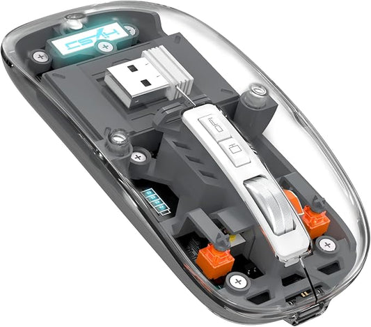 AJAZZ Wireless Bluetooth5.1&2.4G Mini Lightweight Mouse,Transparent Clear Cool,Rechargeable Silent Computer Mice,Nano USB C Receiver,LED Battery Magic Silm for Office/PC/Mac/Laptop/Apple/ipad(Grey)