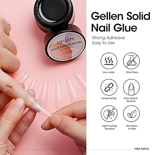 Gellen 2pcs Solid Nail Gel Glue Set for Soft Gel Nail Tips, 15g/pc Clear Acrylic Nail Tip Solid Gel Glue for DIY Nail Art for Press on Nail, Need Nail Dryer Cured