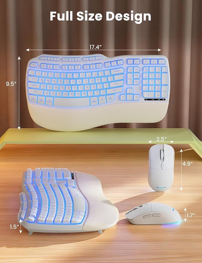 SABLUTE White Wireless Keyboard and Mouse Combo, Light up Ergonomic Keyboard Set, 2.4G Full Size Ergo Wave Key Board with Cushioned Plam Rest, Silent Mouse, for Computer/Laptop/Windows/Mac