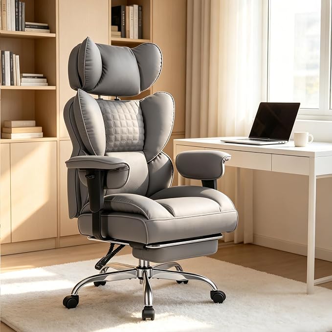 Big and Tall Office Chair 350 LBS, Scratch-Resistant PU Leather Executive Office Desk Chair with Footrest, Ergonomic Reclining Computer Chair with Pocket Spring Support for Home Office, Grey