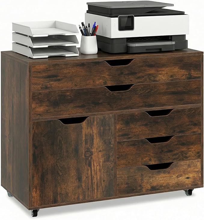 DREAMADE Rolling File Cabinet, 5-Drawer Filing Cabinet, Rustic Brown | Mobile Storage Cabinet with Door and Lockable Metal Wheels, Wood Printer Stand Organizer for Home Office and Study