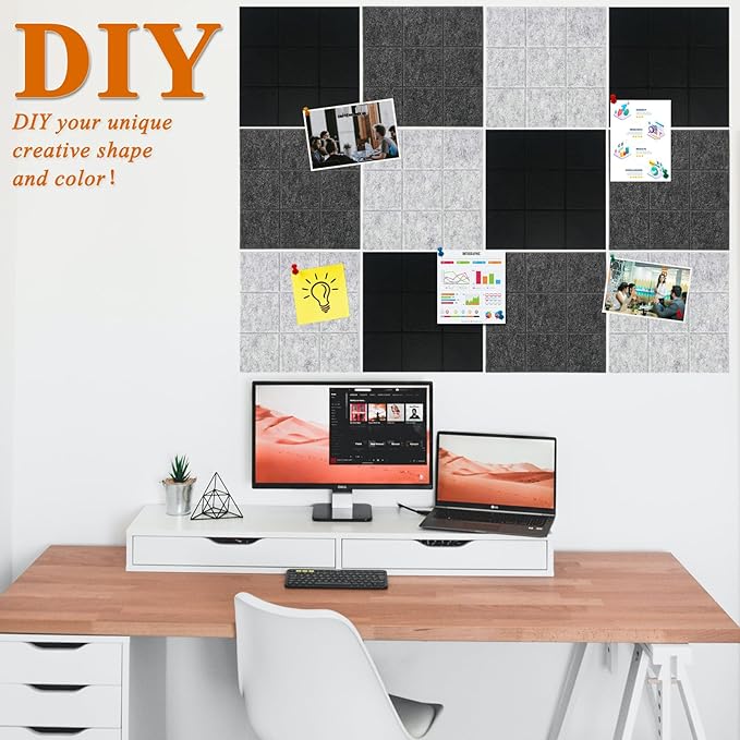 Large Square Felt Cork Board Tiles, Self Adhesive DIY Felt Bulletin Board with 35 Pushpins for Office School Home Wall Decor Stickers Memos (Black & Grey)