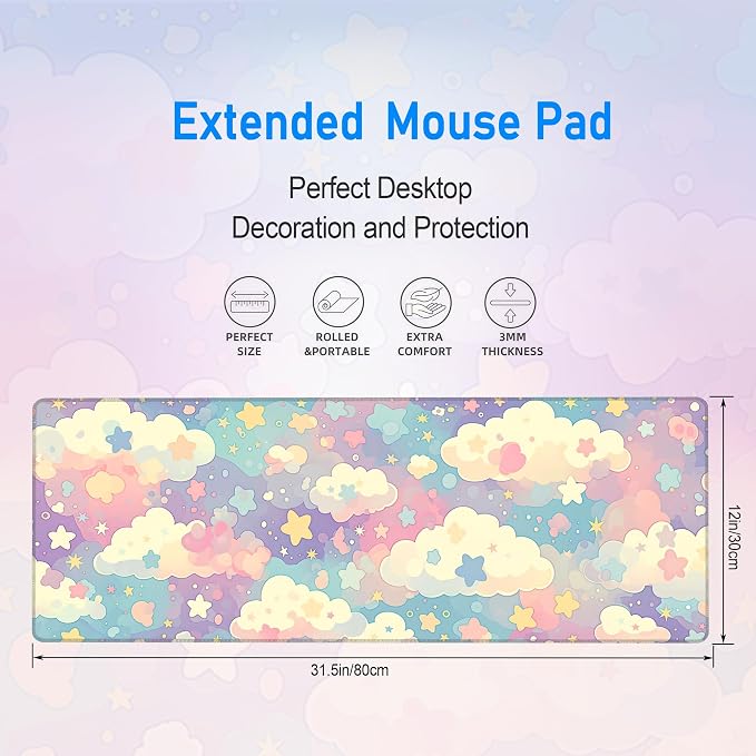 Cute Large Mousepad,Colorful Clouds and Stars Mouse Mat,31.5 x 12 in | Extended Pastel Pink Kawaii Women Office Desk Decor Mat,Girly Dreamy Mouse Pad for Work Game Office and Home,80x30 cm