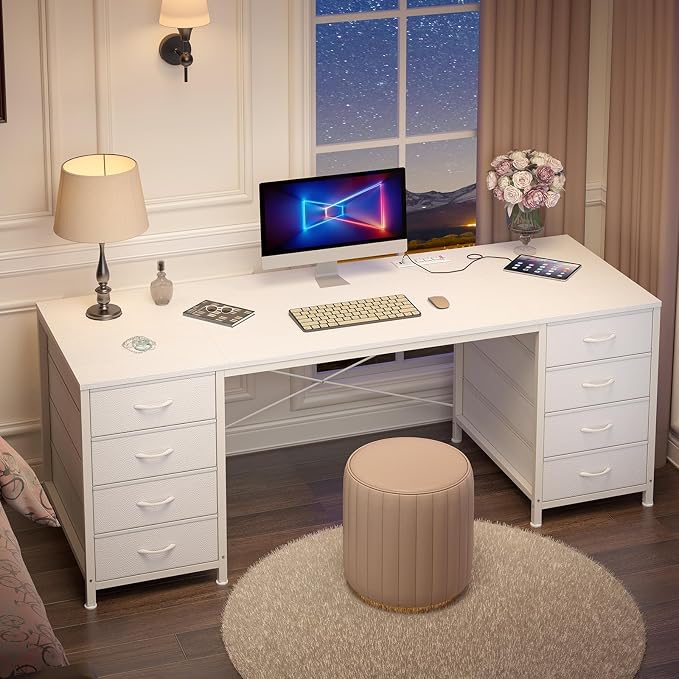 60 Inch Computer Desk with 8 Drawers for Home Office, Bedroom, Living Room | Home Office Desk with Power Outlets, Work Study Gaming Desk with 8 Fabric Drawers, White