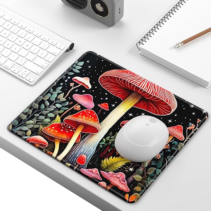 Mouse Pad, Minimalism Marble Style Computer Pad, Anti-Slip Rubber Mouse Mat with Stitched Edges for Gaming, Office, Laptop, PC, Women, 9" x 8" Thick 3 mm, Red Mushroom