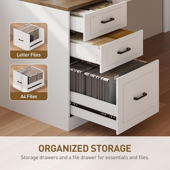 2 Pack L Shaped Desk, L Shaped Executive Desk with Drawers | Wooden L Shaped Office Desk with Storage, L Shaped Executive Desk with Power Outlet & Monitor Stand, White and Walnut