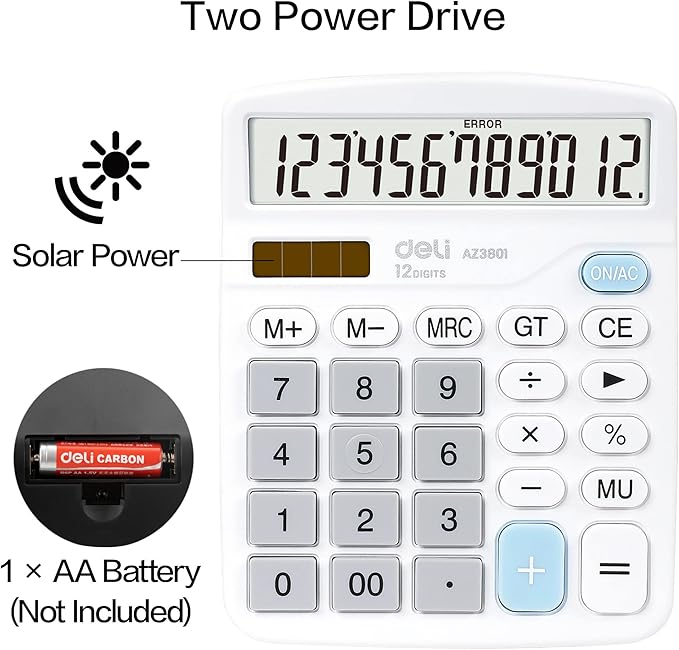 Calculator, Deli Standard Function Desktop Calculators with 12 Digit Large LCD Display and Sensitive Button, Solar Battery Dual Power Office Calculator, White
