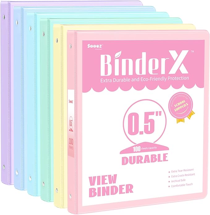 6 Pack Extra Durable 3 Ring Binders 0.5 inch, Sooez 1/2 Three Round Ring Binders with Pockets, Cute Customizable Clear View Cover for 8.5 x 11 Letter Size Papers, School Office Supplies for Girl