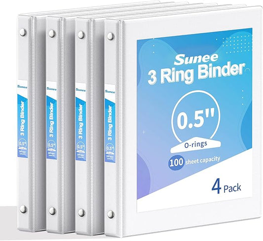 SUNEE 1/2 Inch Binders 3 Ring 4 Pack, PVC-Free Clear View Half Inch Binders (Fits 8.5x11 Inches) for School, Office & Home Use, White