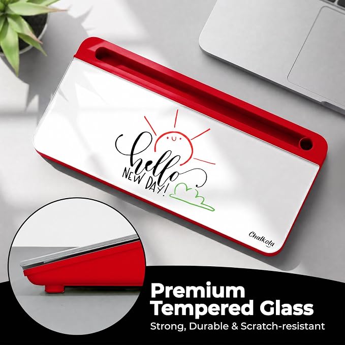 Chalkola Red/White Glass Desktop Whiteboard with Storage, Dry Erase Board | Work Desk Organizers, Computer Keyboard Stand, Home Office Desk Accessories, Workspace Deskboard Buddy, Small White Board
