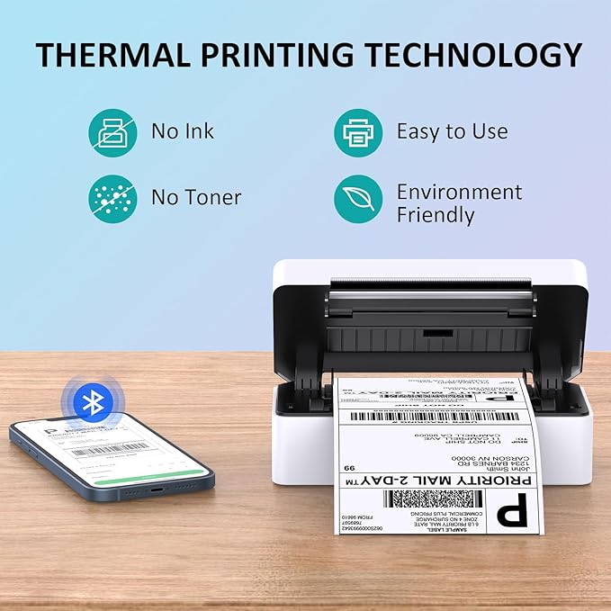 Thermal Shipping Label Printer, 4x6 Bluetooth Label Printer for Shipping Packages Small Business, Support iOS, Android, Mac, Windows, Chrome, Used for UPS, USPS, Ebay, Etsy, Amazon,White