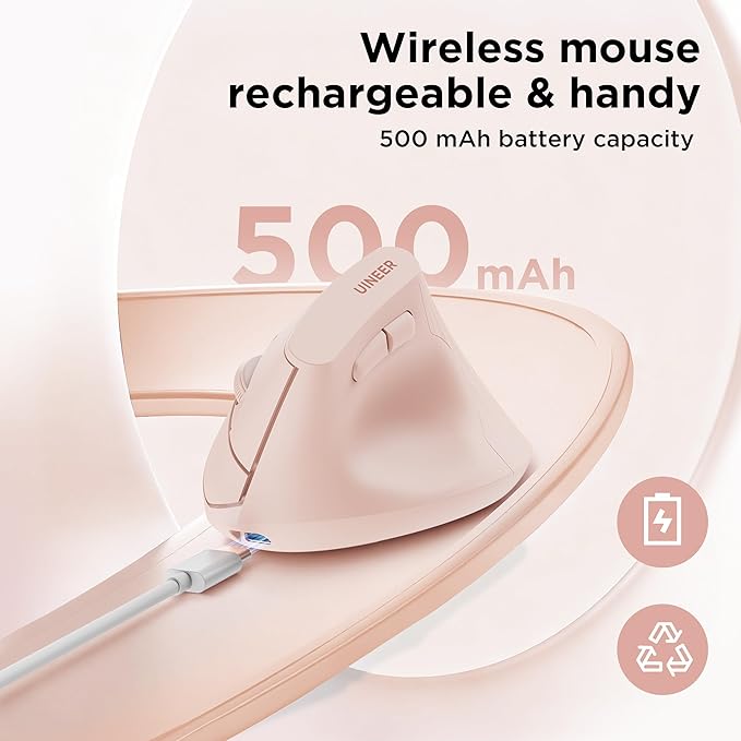 Uineer Vertical Ergonomic Mouse, Wireless Bluetooth Mouse, 3-Device,Quiet | Switch among 3 devices; side scroll wheel supports horizontal navigation for documents and spreadsheets.