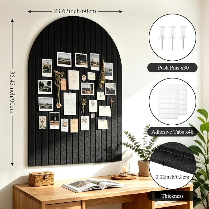Large Arched Felt Bulletin Board, 35''x24''-6 Pack Cork Board with 30 Pushpins & 48 Residue-Free Adhesive Tabs, Decorative Photo Picture Board for Home Office School Wall