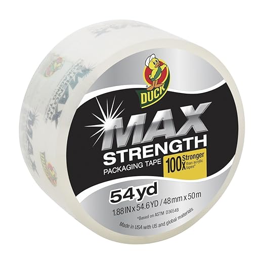 Duck Max Strength Clear Packing Tape Refill - Maximum Strength Heavy Duty Packaging Tape for Shipping & Moving Boxes - 3" Core - 1.88 Inch x 54.6 Yards - Clear (241508)