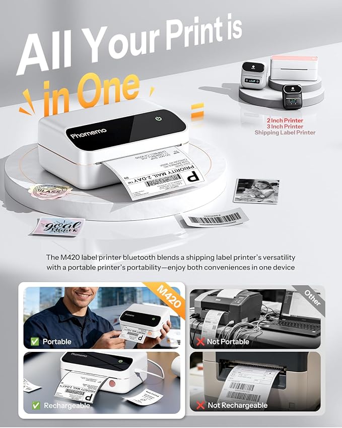 Phomemo Thermal Label Printer, Bluetooth 4x6 Shipping Label Printer for Small Business, Portable Wireless Thermal Printers for Shipping, Barcode, Logo, 4 Inch Label Maker Compatible with Phone & PC