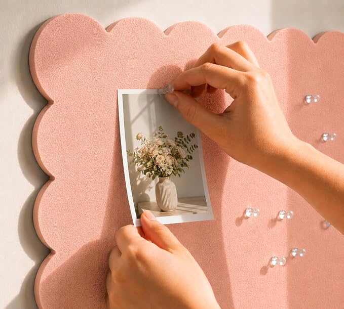 Scalloped Felt Bulletin Board 24 x 18 Inches,Decorative Wall Pin Board | Felt Memo Board for Dorm, College, Bedroom, Photos, Notes, Study Display and Wall Decor with Self Adhesive Backing (Pink)