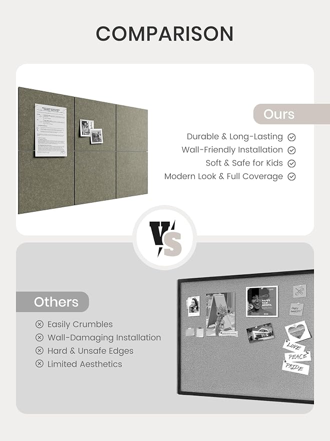 Bumusty 36" x 24" Large Cork Board Alternative, Earth Brown | 6-Pack Felt Bulletin Board Tiles, 60 Adhesive Tabs, 30 Pushpins, Home, Office, Classroom, Vision Board