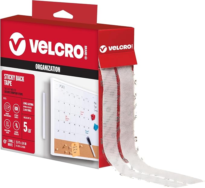 VELCRO Brand I White Tape Roll with Adhesive I Cut Strips to Length I Stick on Hook and Loop Fasteners to Organize Home Office or Classroom (90082), 15 ft x 3/4 in (Pack of 12)