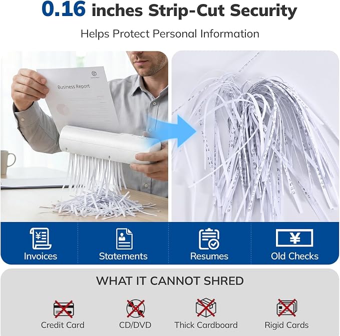 Mini Paper Shredder, Portable Paper Shredder for Home, 3-Sheet Strip Cut 4mm, Compact Paper Shredder with Forward & Reverse and Overheat Protection, Small Shredder for Desk and Home Office (L, White)