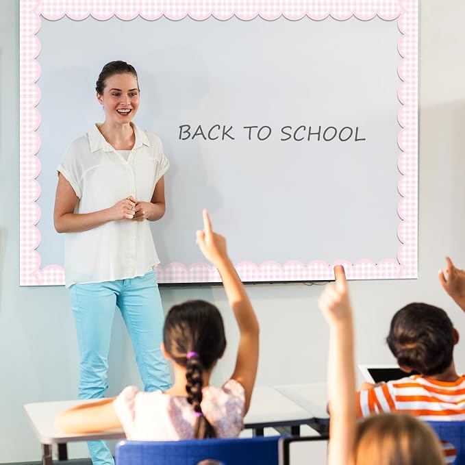 Zonon 65ft Pink Gingham Bulletin Board Border Pastel Scalloped Bulletin Board Trim Back to School Classrooms Decoration for Party Whiteboard, Walls, Desks, Windows, Doors, Lockers