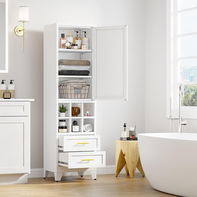 Ckzbx Tall Narrow Storage Cabinet, 66.93" H Tall Bathroom Cabinet Metal Pantry Cabinets with Drawers, 3 Adjustable Shelves, for Kitchen, Bathroom, Home Office, Living Room (White)