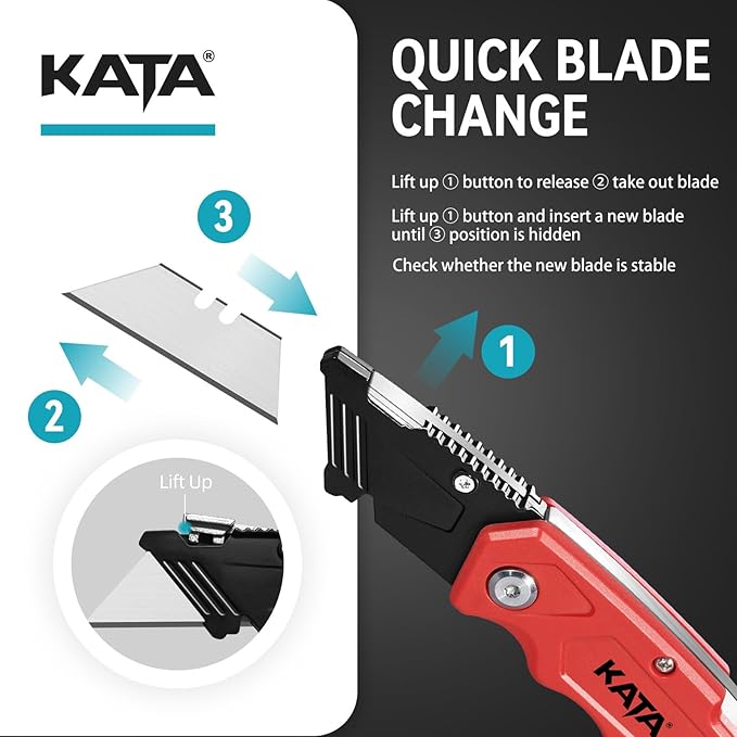 KATA Box Cutter, 2-Pack Tough Folding Utility Knife for Heavy Duty Purpose, Extra 10Pcs Razor Sharp Blades, Comfortable Handle, Gifts for Cutting Drywall, Sheet Plastic, Linoleum, Boxes, Carton, Rope