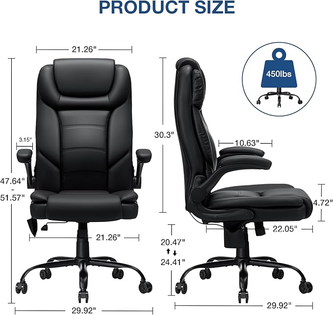 450lbs Executive Office Chair with Inflatable Lumbar Support, Heavy Duty Office Chair for Heavy People, Big and Tall Ergonomic Comfy Chair with Flip-Up Armrests, Breathable PU Leather (Black)