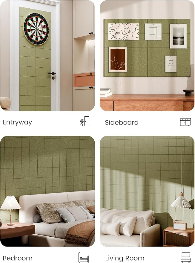 Bumusty 36" x 24" Large Cork Board Alternative, Olive Green | 6-Pack Felt Bulletin Board Tiles, 60 Adhesive Tabs, 30 Pushpins, Home, Office, Classroom, Vision Board
