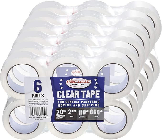 Pacific Mailer Clear Packing Tape, 2 Inch Wide, 2.0mil Thickness, 110 Yard Per Roll [Pack of 36 Rolls]