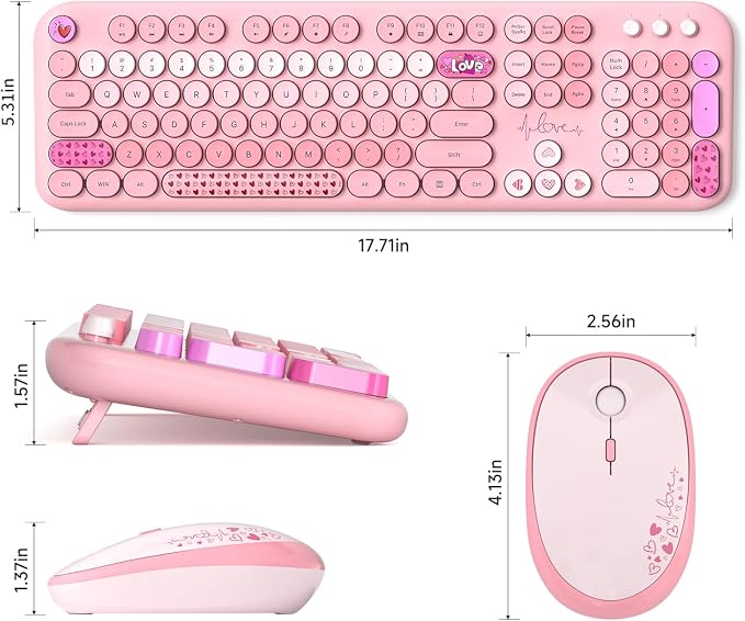 KNOWSQT Wireless Keyboard and Mouse Combo - Lovely Pink Rainbow 2.4G Full-Sized Colorful Keyboards, Round Keycap USB Dongle Plug Play Cute Keyboards for Windows, Laptop, PC, Desktop, Mac