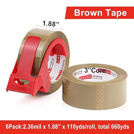 Brown Packing Tape with Dispenser, 2.4 mil, 1.88 inch x 110 Yards 6 Rolls, Ultra Strong, Refill Industrial Shipping Box Packaging Tape for Moving, Office, & Storage