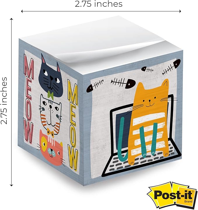 Whimsical Cats Sticky Note Cube / 600 Sheets / 2.75" Memo Block Printed on 4 Sides/Different Feline Design On Each Side/Cat Lover Note Cube