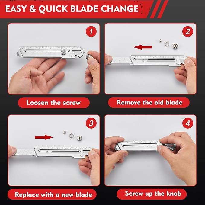 BECOWIN 2PC 7-in-1 Stainless Steel Utility Knife, 18mm Snap-Off Box Cutter | Retractable Metal Utility Knife with Built-In Ruler, Multi Tool Design, Perfect for DIY, Garage, Workshop and Daily Cutting
