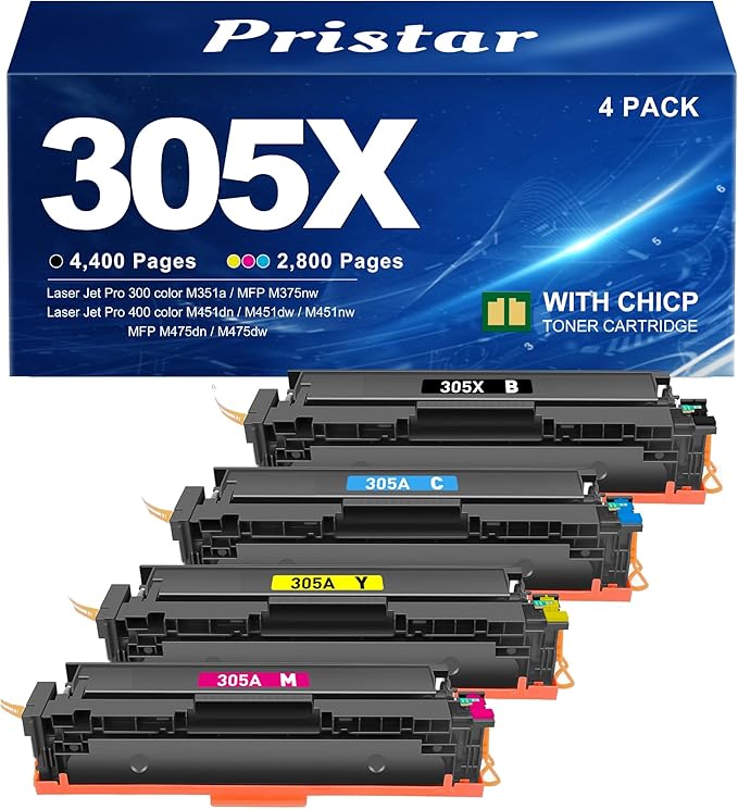 305X Toner Cartridge 4 Pack (with Chip) Compatible for HP 305X 305A Replacement for HP Color Laser Jet Pro 400 Color MFP M451dn M451dw M451nw M475dn M475dw M375nw Printer (Black/Cyan/Magenta/Yellow)