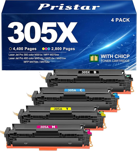 305X Toner Cartridge 4 Pack (with Chip) Compatible for HP 305X 305A Replacement for HP Color Laser Jet Pro 400 Color MFP M451dn M451dw M451nw M475dn M475dw M375nw Printer (Black/Cyan/Magenta/Yellow)