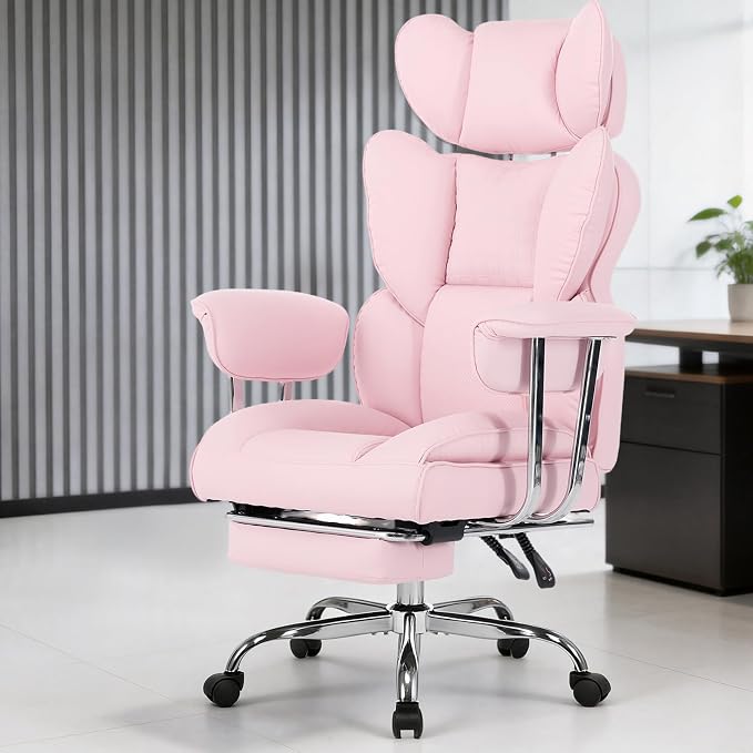 DUMOS Big and Tall Home Office Desk Chair, Executive Chair with Footrest | Scratch-Resistant PU Leather, Ergonomic Reclining, Pocket Spring Support, 400 LBS Weight Capacity, Pink