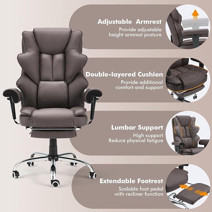 6-Point Massage Executive Chair,Heat Office Chair,Ergonomic Home Office Desk Chairs with Retractable Footrest and Reclining Function,Leather Computer Chair with Adjustable Armrest(‌Brown)
