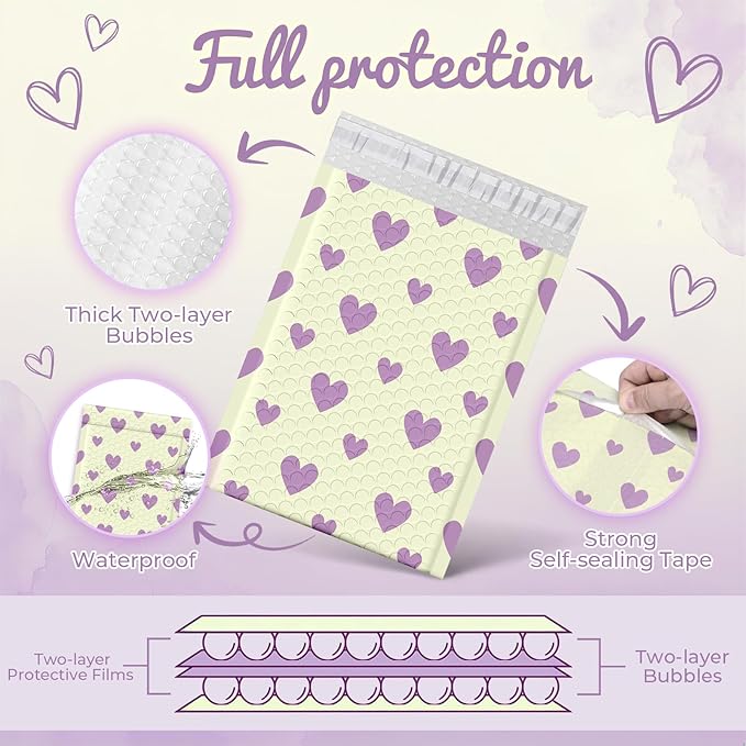 Fuxury Bubble Mailers 6x10" Padded Envelopes 100 Pack Usable Size 6x9"Bubble Envelopes Self Seal Small Padded Mailers for Small Business Shipping Bag, Gifts, Jewelry, Makeup,Purple Heart In Beige #0
