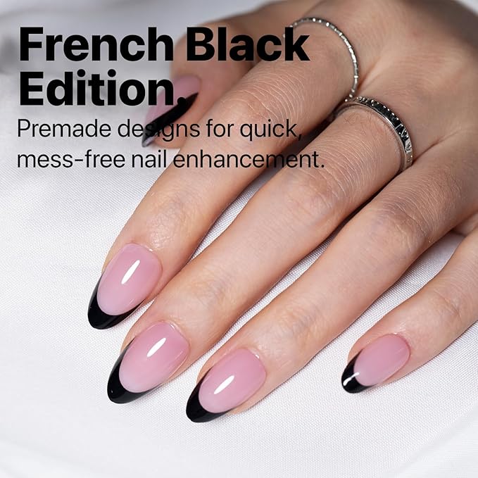 SXC Cosmetics French Tip Press On Nails 150 Pieces in 15 Sizes Ultra Fit with Pre-applied Tip Primer and Base Coat, No Need to File Fake Nails for Nail Art DIY X-Pro Tips (BLACK114-S Almond)