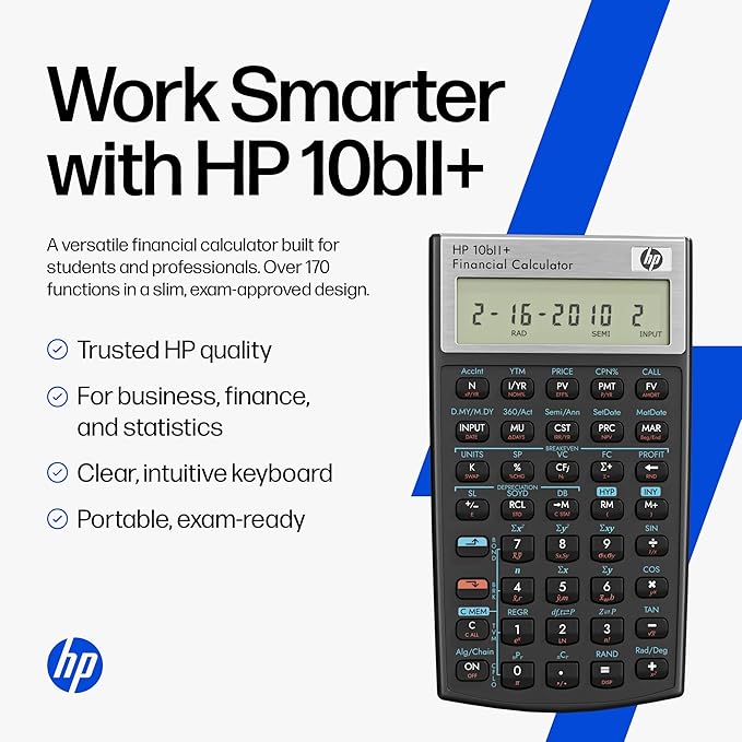 HP 10bII+ Financial Calculator – 100+ Functions for Business, Finance, Accounting, Statistics & Algebra – College & High School Calculator, Exam Approved for SAT, AP, PSAT – Includes Case & Cloth