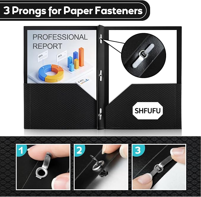 24 Pcs Textured Folders with Pockets and Prongs (Black),Fit Letter Size Paper,Business Card Slot,2-Pocket Folder for School Office or Home,Durable Acid-Free Poly,Back to School Supplies Bulk