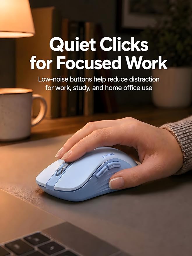 RAPIQUE Bluetooth Wireless Mouse, Dual Bluetooth & 2.4GHz, Light Blue | Quiet Clicks, Right-Hand Ergonomic 6 Button, Adjustable DPI, AA Battery, 3-Device Switching for Laptop, PC, Mac, Tablet